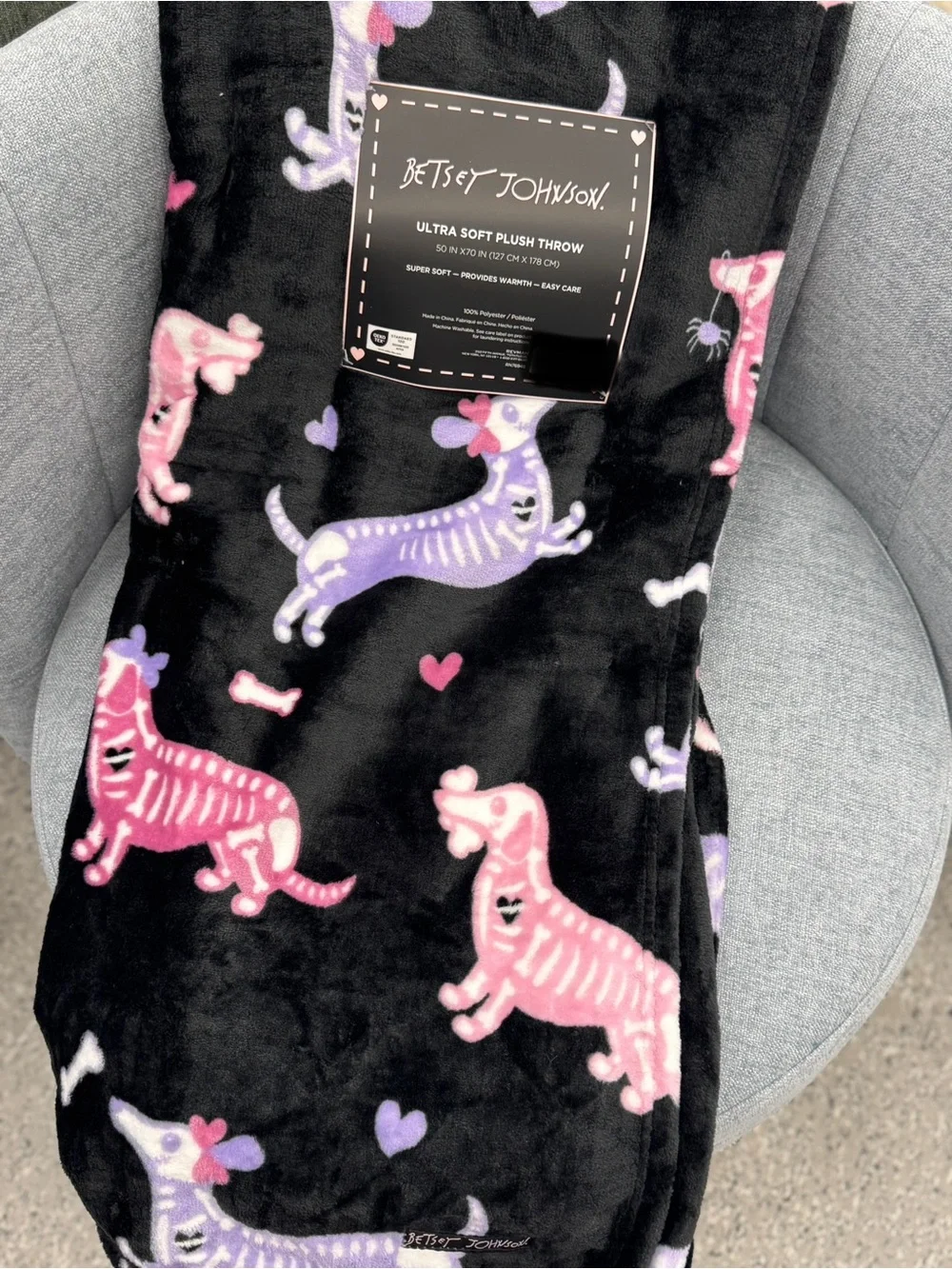 Betsey Johnson Black Plush Throw with Pink & Purple Dachshund Skeletons